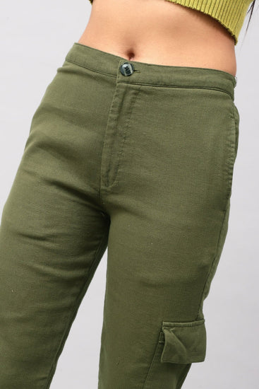 Bluebird Women's Slim Fit Cotton Cargo Pants Olive Green - Veshbhoshaa