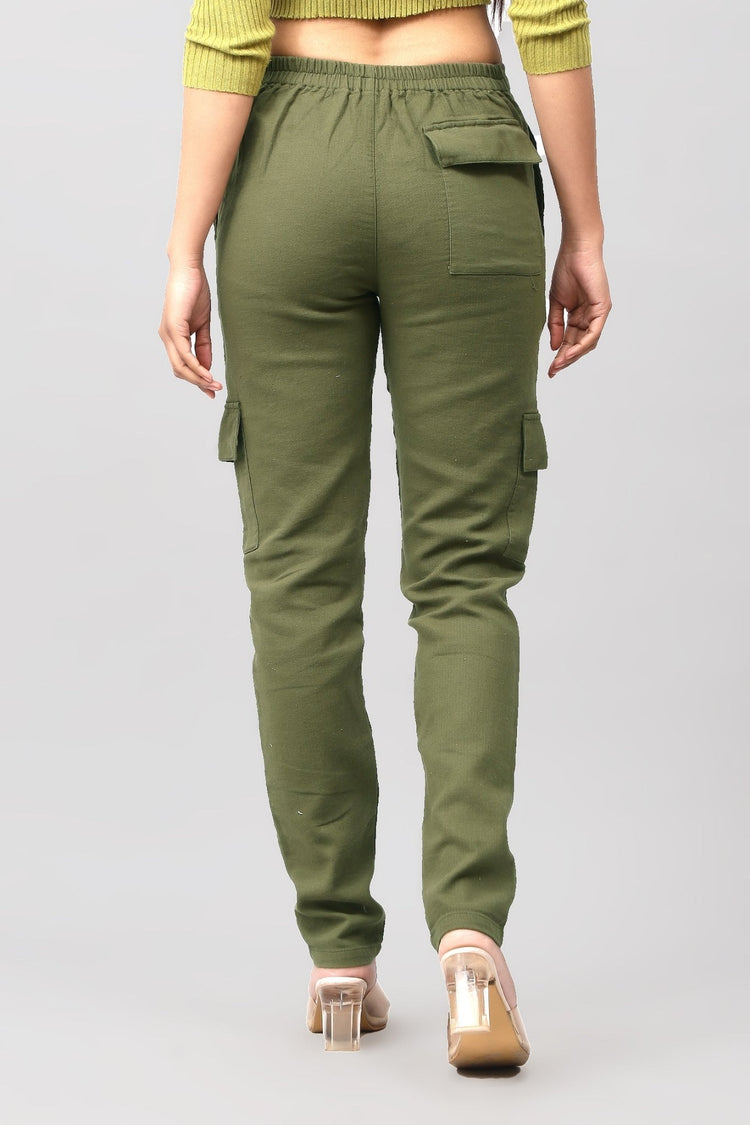 Bluebird Women's Slim Fit Cotton Cargo Pants Olive Green - Veshbhoshaa