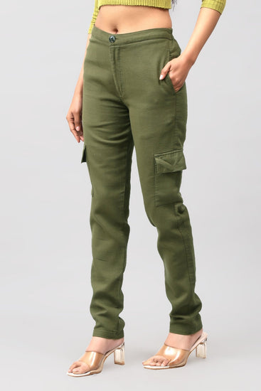 Bluebird Women's Slim Fit Cotton Cargo Pants Olive Green - Veshbhoshaa