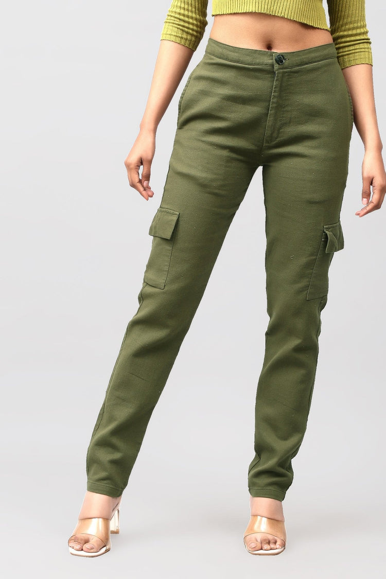 Bluebird Women's Slim Fit Cotton Cargo Pants Olive Green - Veshbhoshaa