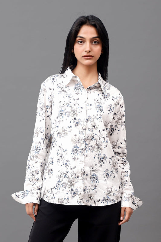 Bluebird Women's White Floral Print Satin Shirt - Veshbhoshaa