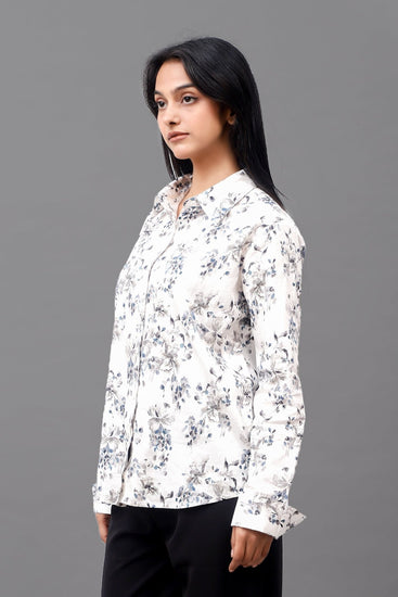 Bluebird Women's White Floral Print Satin Shirt - Veshbhoshaa