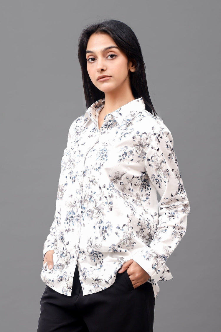 Bluebird Women's White Floral Print Satin Shirt - Veshbhoshaa