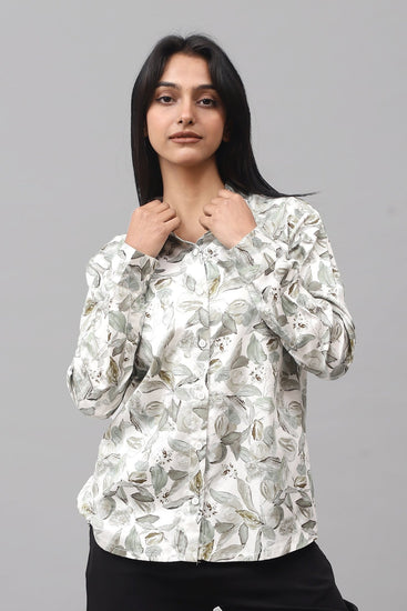 Bluebird Women's White Green Leaf Printed Satin Shirt - Veshbhoshaa