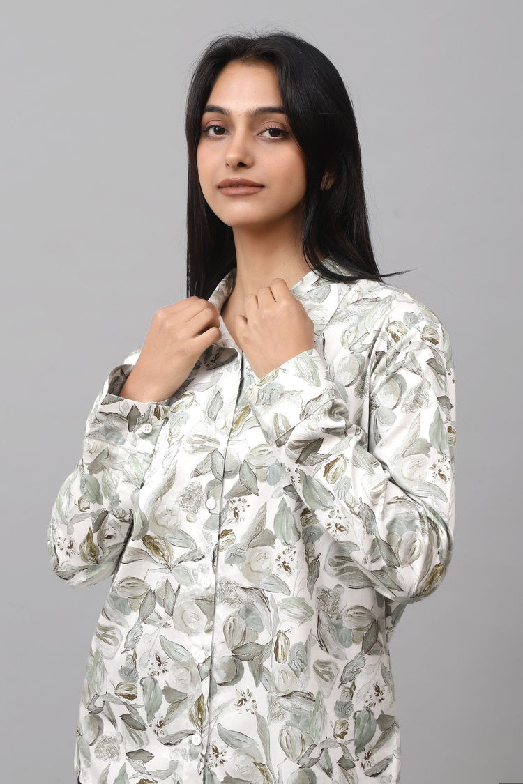 Bluebird Women's White Green Leaf Printed Satin Shirt - Veshbhoshaa