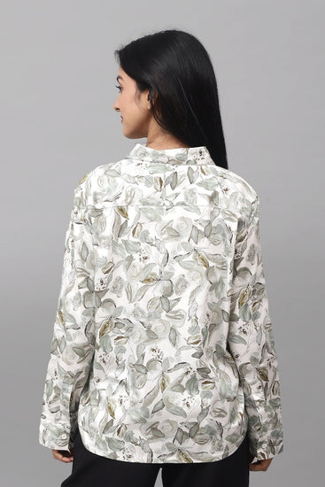 Bluebird Women's White Green Leaf Printed Satin Shirt - Veshbhoshaa