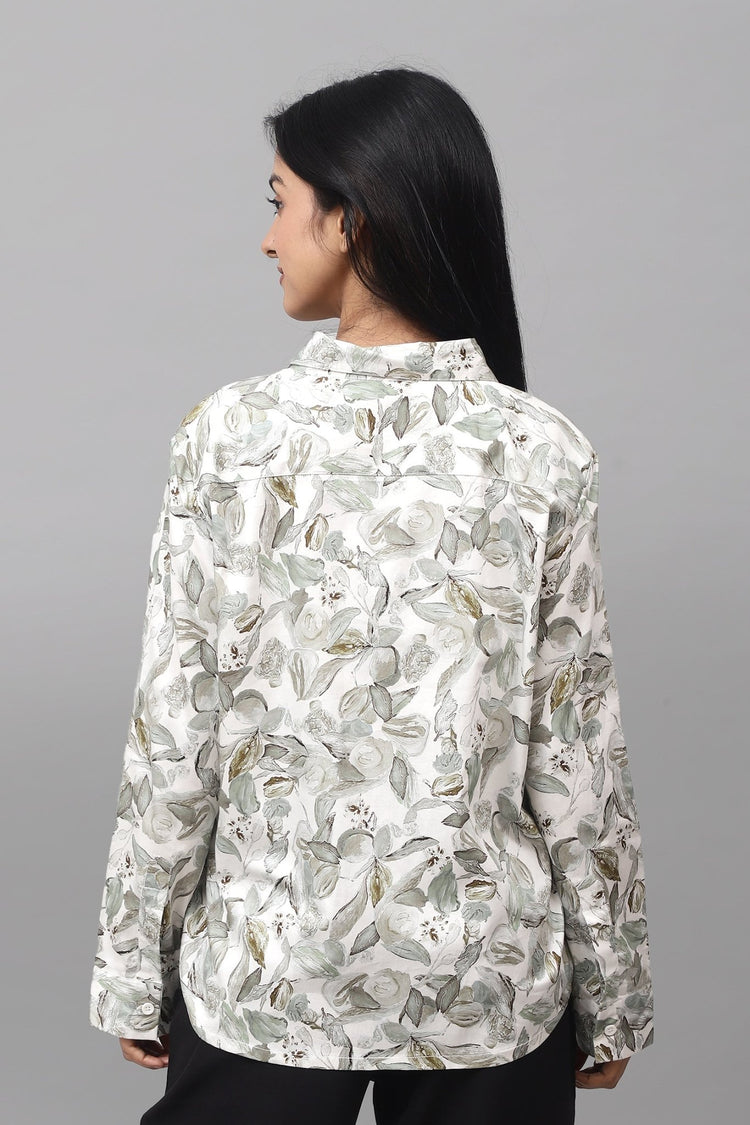 Bluebird Women's White Green Leaf Printed Satin Shirt - Veshbhoshaa