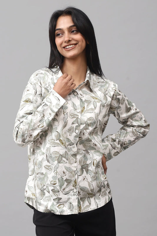 Bluebird Women's White Green Leaf Printed Satin Shirt - Veshbhoshaa