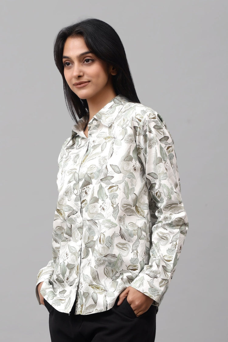 Bluebird Women's White Green Leaf Printed Satin Shirt - Veshbhoshaa