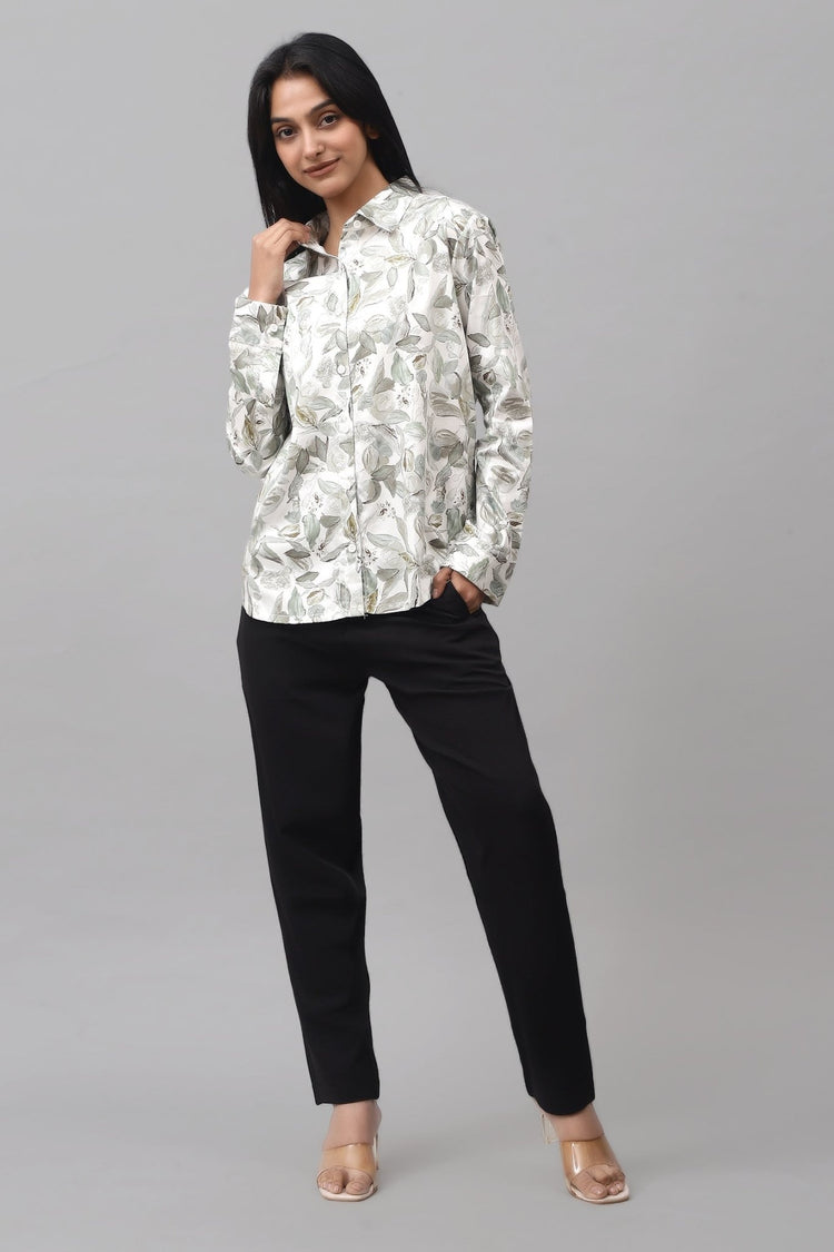 Bluebird Women's White Green Leaf Printed Satin Shirt - Veshbhoshaa