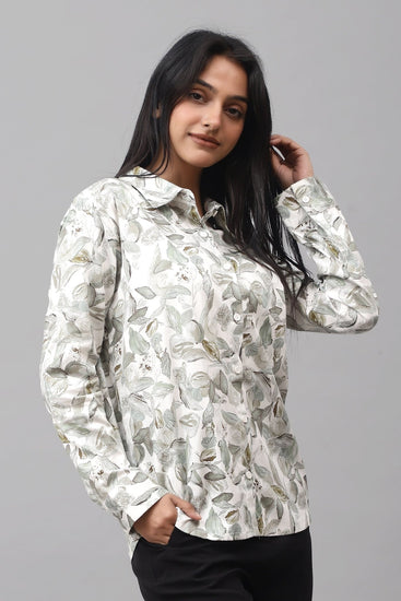 Bluebird Women's White Green Leaf Printed Satin Shirt - Veshbhoshaa