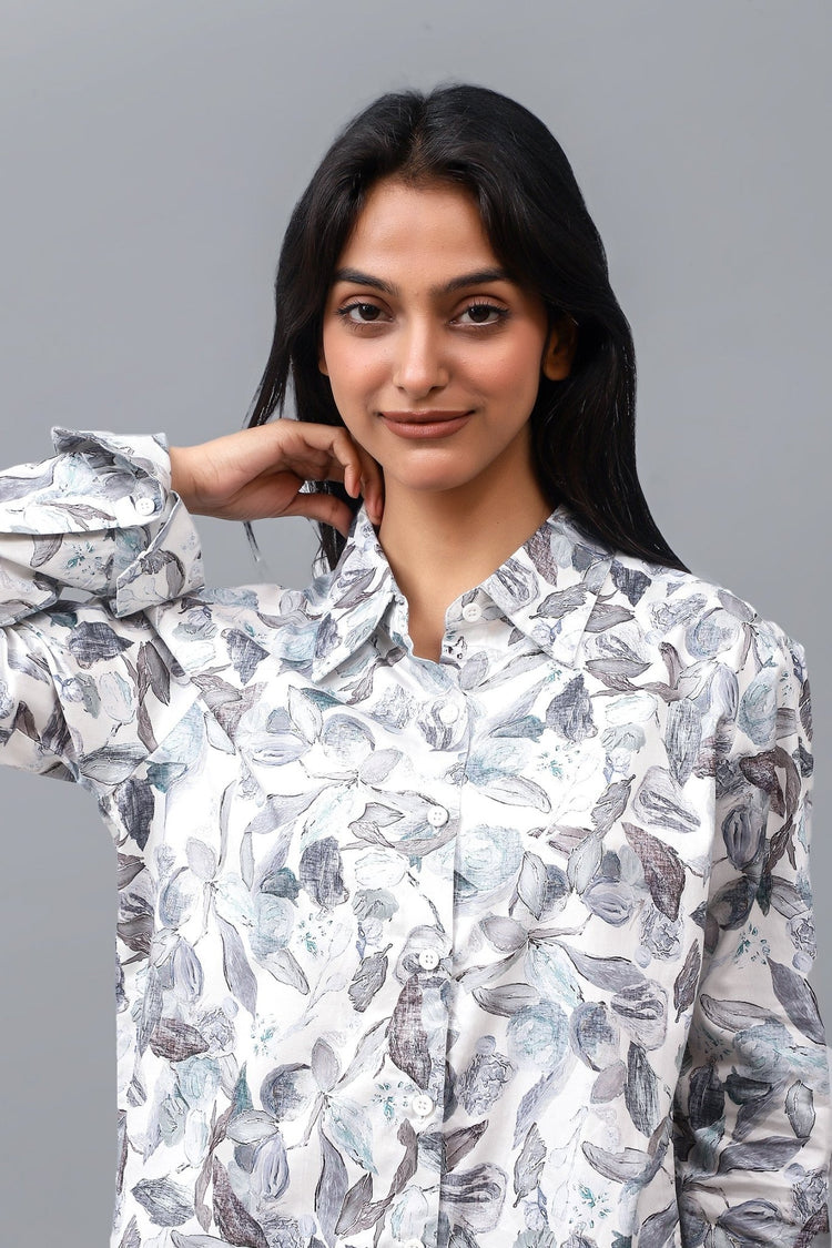 Bluebird Women's White Leaf Printed Satin Shirt - Veshbhoshaa