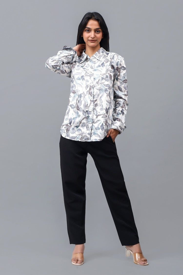 Bluebird Women's White Leaf Printed Satin Shirt - Veshbhoshaa