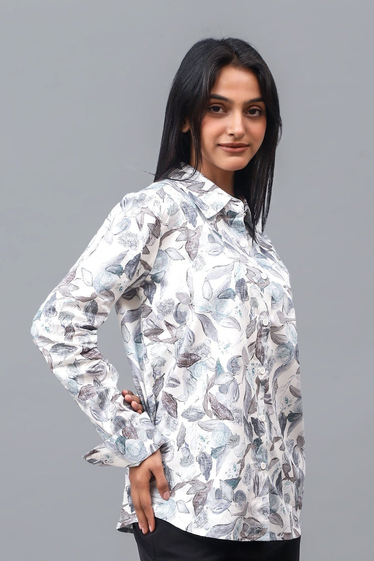 Bluebird Women's White Leaf Printed Satin Shirt - Veshbhoshaa