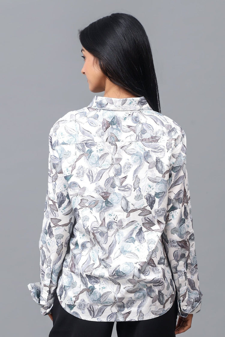 Bluebird Women's White Leaf Printed Satin Shirt - Veshbhoshaa