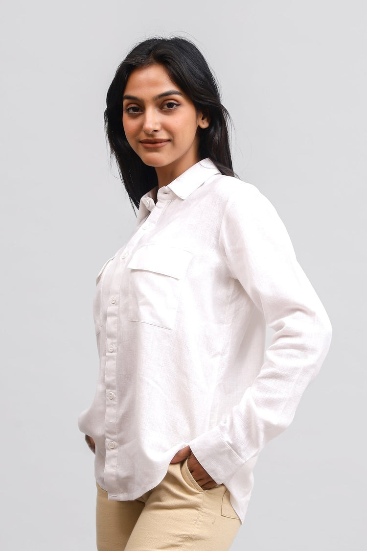 BLUEBIRD Women's White Linen Dubal Pocket Shirt - Veshbhoshaa