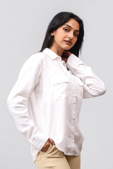 BLUEBIRD Women's White Linen Dubal Pocket Shirt - Veshbhoshaa