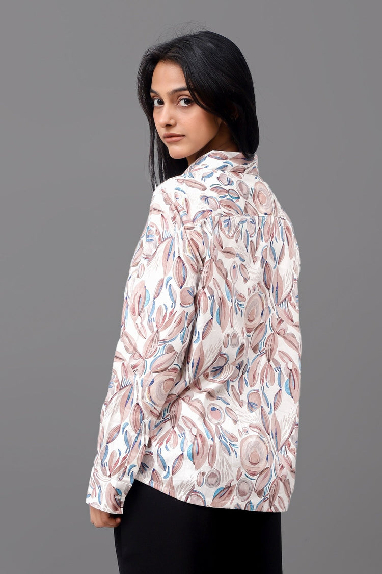 Bluebird Women's White Peach Printed Satin Shirt - Veshbhoshaa