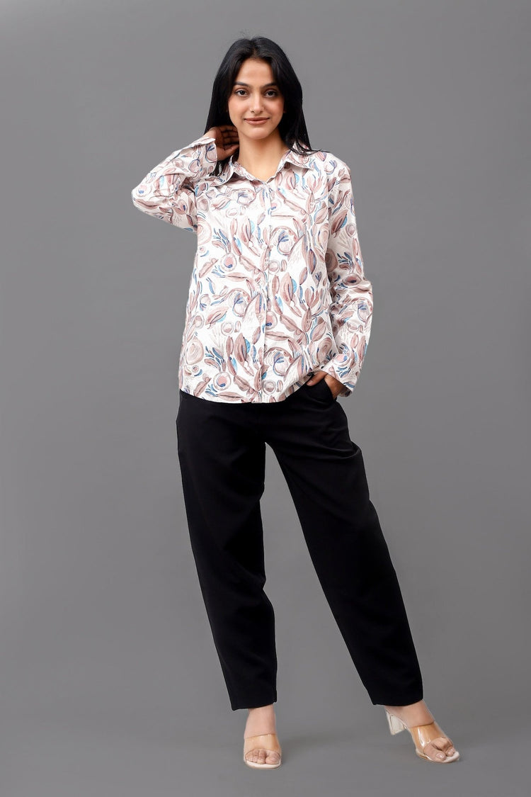 Bluebird Women's White Peach Printed Satin Shirt - Veshbhoshaa