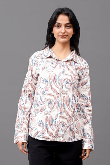 Bluebird Women's White Peach Printed Satin Shirt - Veshbhoshaa