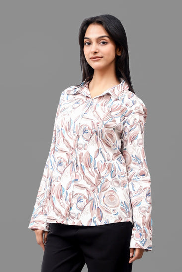 Bluebird Women's White Peach Printed Satin Shirt - Veshbhoshaa