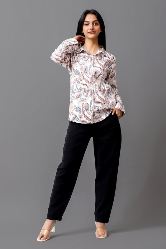 Bluebird Women's White Peach Printed Satin Shirt - Veshbhoshaa