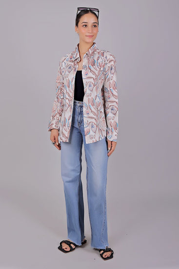 Bluebird Women's White Peach Printed Satin Shirt - Veshbhoshaa