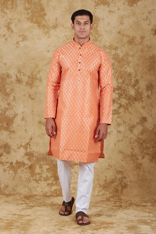 Bluesaanchi Banarsi Silk Coral Kurta Set - Veshbhoshaa