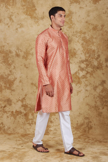 Bluesaanchi Banarsi Silk Salmon Kurta Set - Veshbhoshaa