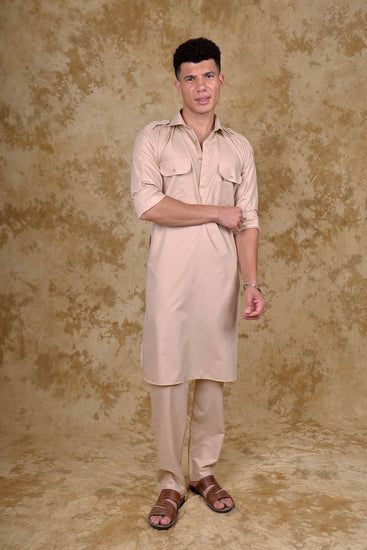 Bluesaanchi Beige Pathani Kurta with Trouser Pant - Veshbhoshaa