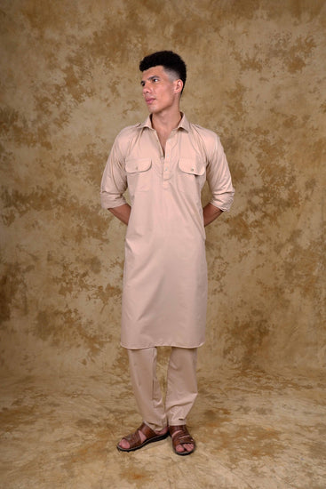 Bluesaanchi Beige Pathani Kurta with Trouser Pant - Veshbhoshaa