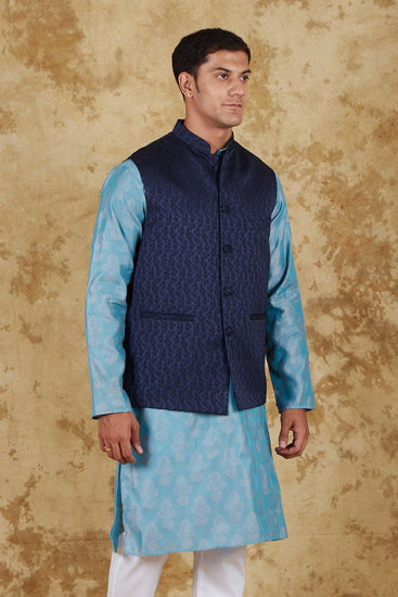 Bluesaanchi Blue Jacquard Waistcoat set - Veshbhoshaa