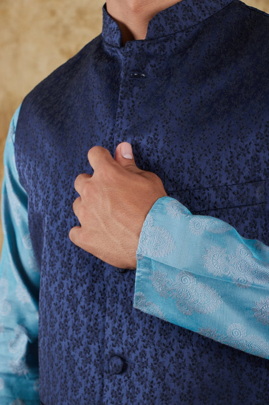 Bluesaanchi Blue Jacquard Waistcoat set - Veshbhoshaa