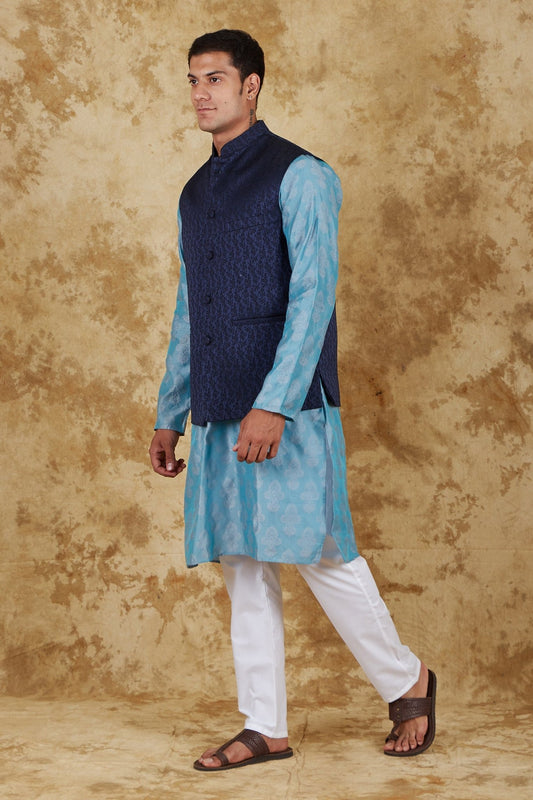 Bluesaanchi Blue Jacquard Waistcoat set - Veshbhoshaa