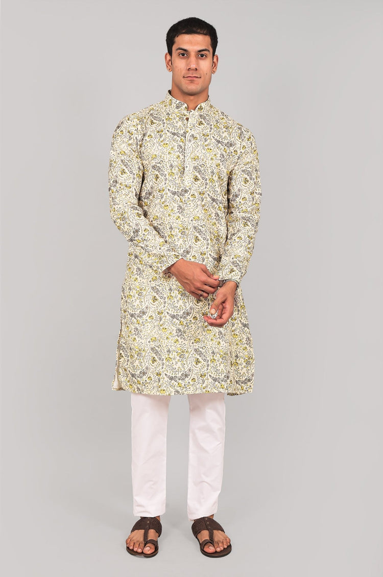 Bluesaanchi Elegantly Casual Cream flower Kurta set - Veshbhoshaa