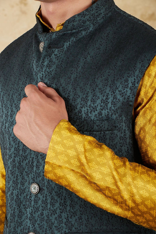 Bluesaanchi Golden Jacquard Waistcoat set - Veshbhoshaa