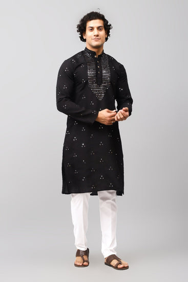 Bluesaanchi Men's Black Kurta Set with Embroidery Motif - Veshbhoshaa