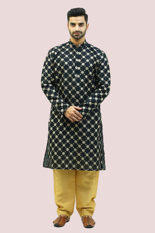 bluesaanchi Men's Black Mirror Work Silk Kurta Set - Veshbhoshaa