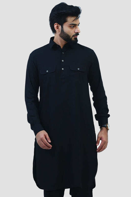 bluesaanchi Men's Black Pathani Cotton Blend - Veshbhoshaa