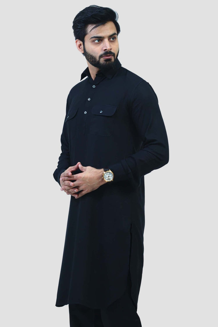 bluesaanchi Men's Black Pathani Cotton Blend - Veshbhoshaa