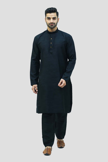 bluesaanchi Men's Black Raw Silk Kurta Set - Veshbhoshaa