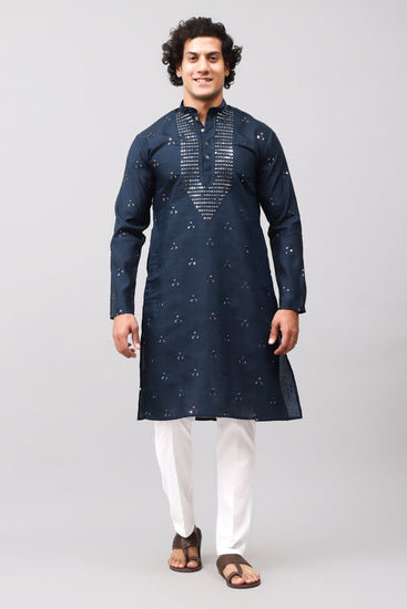 Bluesaanchi Men's Blue Kurta Set with Embroidery Motif - Veshbhoshaa