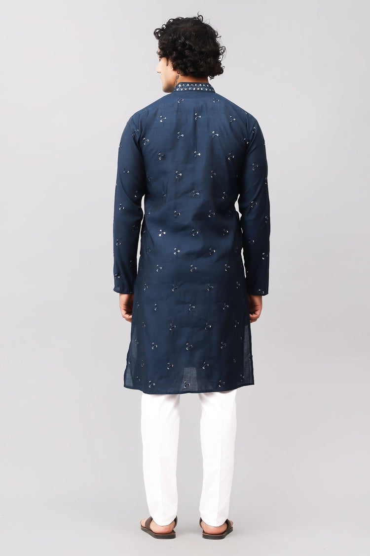 Bluesaanchi Men's Blue Kurta Set with Embroidery Motif - Veshbhoshaa