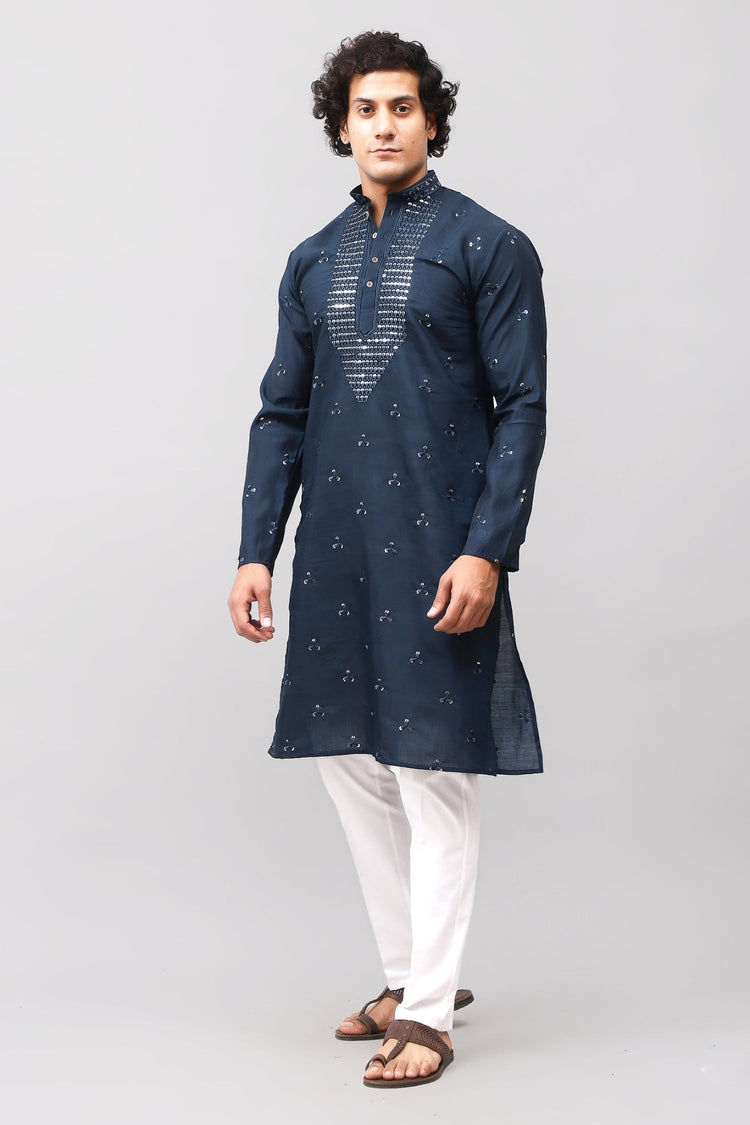 Bluesaanchi Men's Blue Kurta Set with Embroidery Motif - Veshbhoshaa