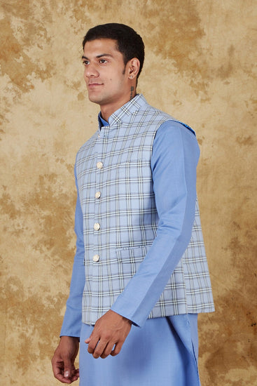 Bluesaanchi Men's Cotton Blend Blue All Over Check Waistcoat - Veshbhoshaa