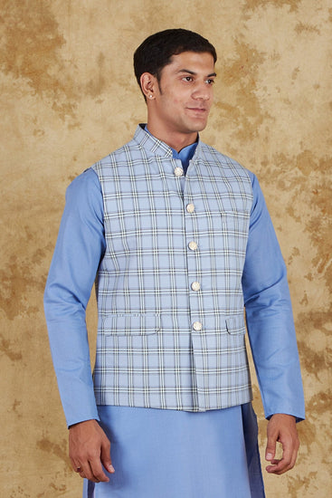 Bluesaanchi Men's Cotton Blend Blue All Over Check Waistcoat - Veshbhoshaa