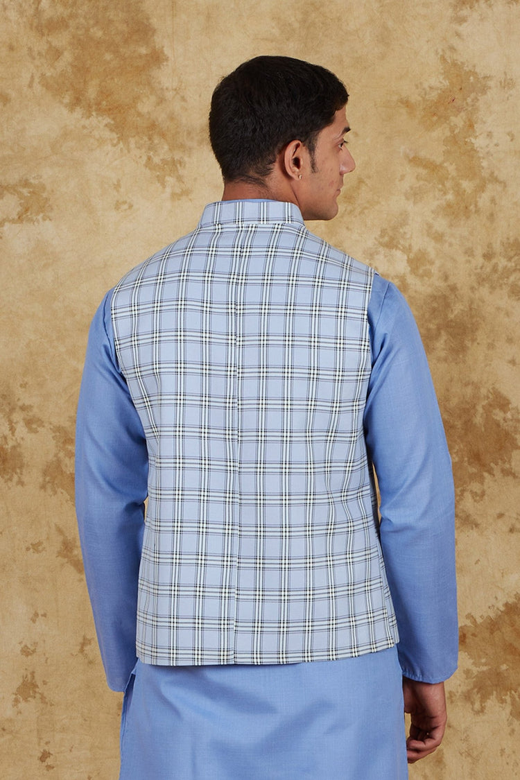 Bluesaanchi Men's Cotton Blend Blue All Over Check Waistcoat - Veshbhoshaa