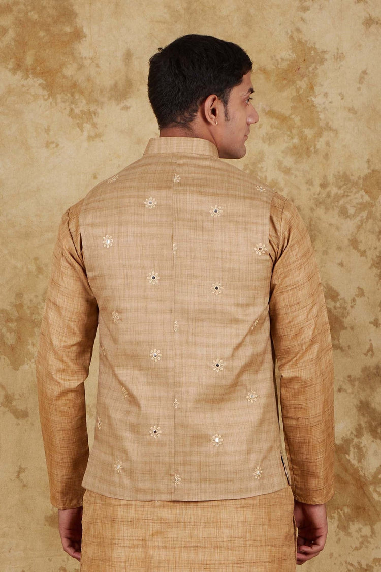 Bluesaanchi Men's Cotton Blend Khaki Mirror Embroidered Waistcoat - Veshbhoshaa