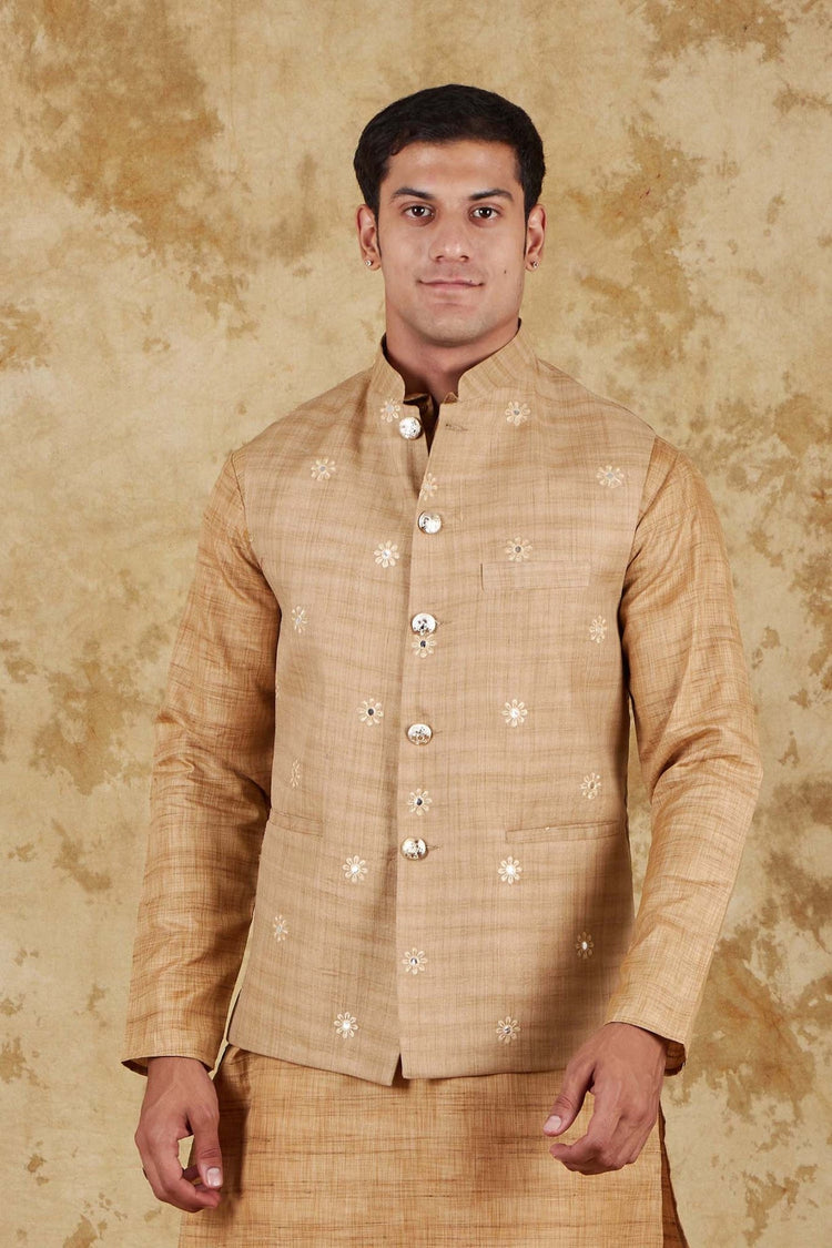 Bluesaanchi Men's Cotton Blend Khaki Mirror Embroidered Waistcoat - Veshbhoshaa