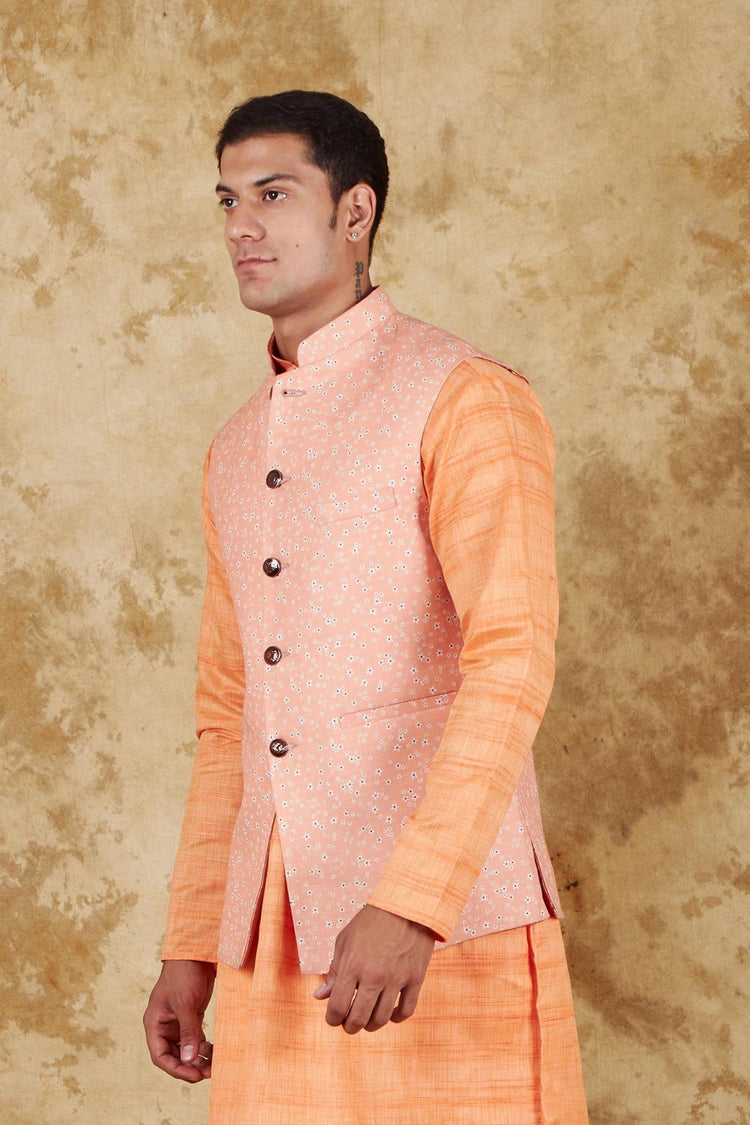 Bluesaanchi Men's Cotton Blend Orange Printed Waistcoat - Veshbhoshaa